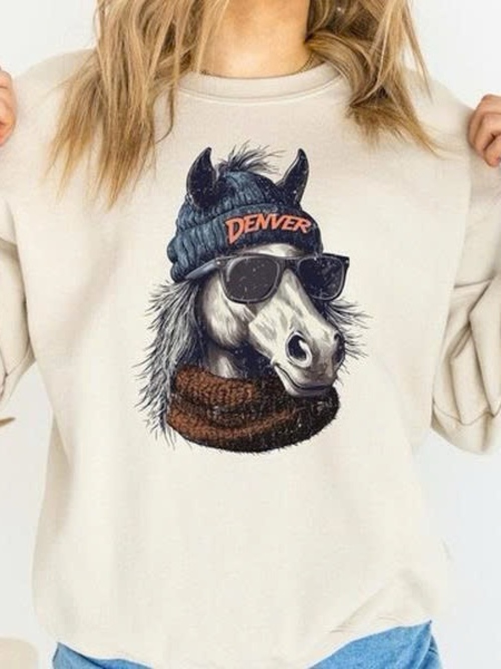 Cream Crewneck Sweatshirt with Denver Horse Graphic